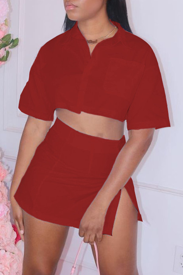 Red Sexy Casual Solid Slit Turndown Collar Half Sleeve Two Pieces