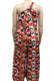 Red Sexy Print Patchwork Oblique Collar Plus Size Jumpsuits