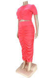 Fluorescent Pink Fashion Casual Solid Fold O Neck Plus Size Two Pieces