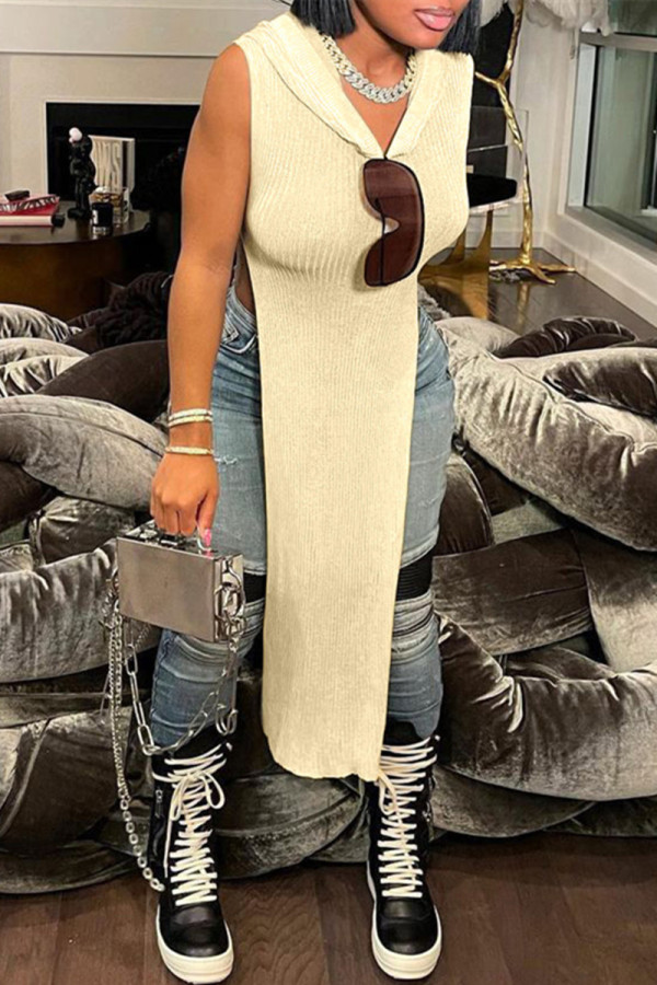 Beige Fashion Casual Solid Slit Hooded Collar Tops