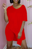 Red Fashion Casual Solid Slit V Neck Short Sleeve Two Pieces