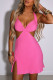 Rose Red Sexy Solid Bandage Hollowed Out Patchwork Asymmetrical Halter A Line Dresses
