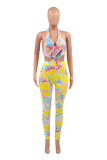 Yellow Sexy Print Patchwork Halter Skinny Jumpsuits