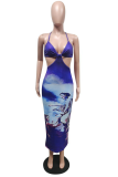 Blue Sexy Print Hollowed Out Spaghetti Strap Pencil Skirt Dresses