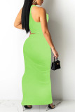 Fluorescent Green Sexy Solid Bandage Hollowed Out Patchwork Oblique Collar Pencil Skirt Dresses