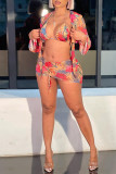 Multicolor Fashion Sexy Print Bandage Swimwears Four-piece Set