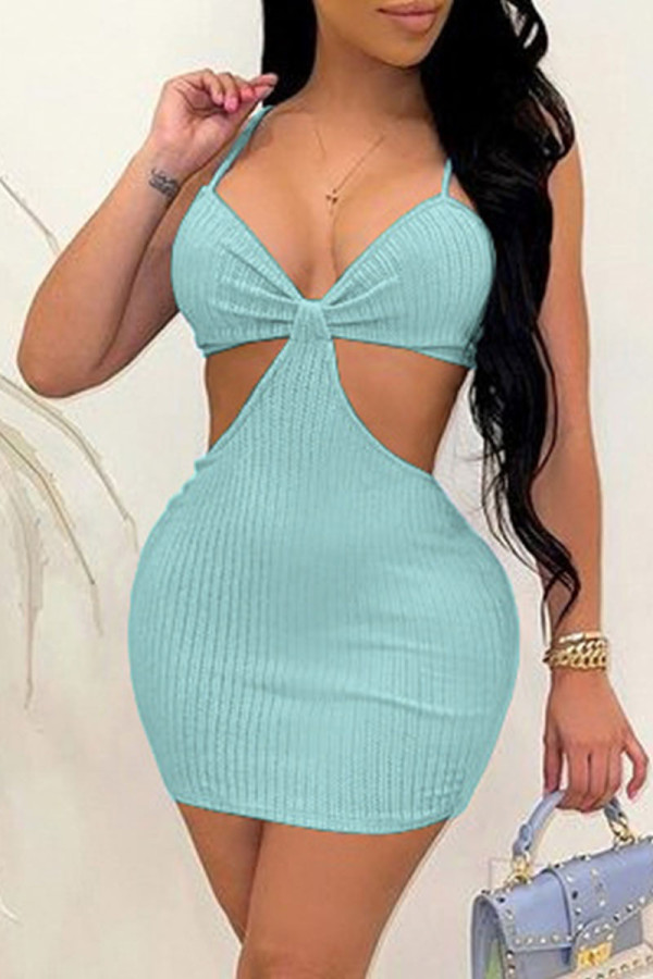 Cyan Sexy Solid Hollowed Out Spaghetti Strap Wrapped Skirt Dresses