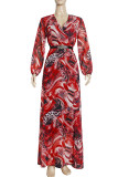 Red Elegant Print Split Joint V Neck Long Sleeve Plus Size Dresses