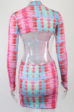 Green Sexy Print Hollowed Out Half A Turtleneck Pencil Skirt Dresses