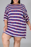 Blue Casual Striped Patchwork One Shoulder Straight Plus Size Dresses