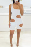 Pink Fashion Sexy Solid Hollowed Out One Shoulder Skinny Romper
