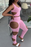 Pink Fashion Sexy Solid Hollowed Out U Neck Sleeveless Two Pieces