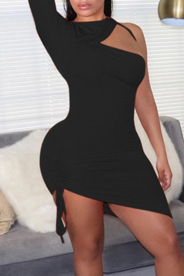 Black Sexy Solid Patchwork Draw String Fold Asymmetrical O Neck Pencil Skirt Dresses