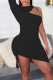 Black Sexy Solid Patchwork Draw String Fold Asymmetrical O Neck Pencil Skirt Dresses