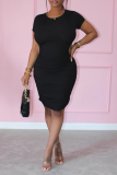 Cyan Casual Solid Hollowed Out O Neck Pencil Skirt Dresses