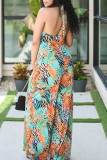 Green Yellow Casual Print Bandage Split Joint Backless Halter Plus Size Jumpsuits