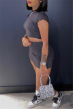 Grey Fashion Casual Solid Basic O Neck Short Sleeve Two Pieces