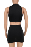 Black Sexy Solid Patchwork O Neck Sleeveless Two Pieces
