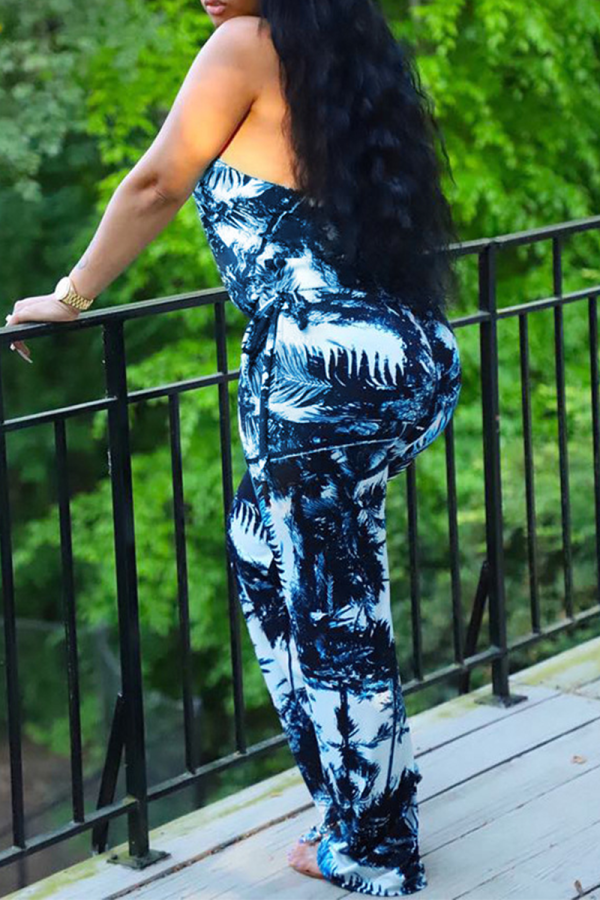 Blue Sexy Print Patchwork Halter Straight Jumpsuits