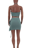 Green Sexy Solid Hollowed Out Split Joint Flounce Fold Asymmetrical Halter Sleeveless Two Pieces