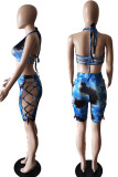 Red Sexy Print Hollowed Out Patchwork Frenulum Halter Sleeveless Two Pieces Swimwear