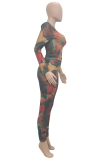 Red Sexy Print Patchwork One Shoulder Long Sleeve Two Pieces