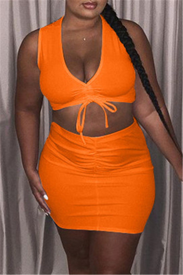 Orange Sexy Casual Solid Bandage V Neck Sleeveless Two Pieces