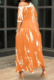 Tangerine Red Casual Print Split Joint One Shoulder Irregular Dress Dresses