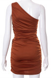 Brown Fashion Sexy Solid Fold One Shoulder Sleeveless Dress