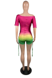 Green Sexy Gradual Change Patchwork V Neck Regular Rompers