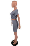 Dark Gray Fashion Casual Solid Basic O Neck Short Sleeve Two Pieces