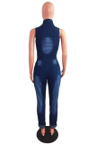 The cowboy blue Fashion Casual Solid Ripped Buttons Turndown Collar Regular Jumpsuits