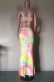 Colour Sexy Patchwork Hollowed Out Tie-dye Spaghetti Strap Pencil Skirt Dresses