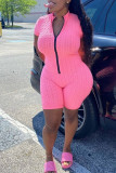 Pink Fashion Casual Solid Basic Zipper Collar Regular Romper
