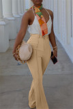 Khaki Fashion Casual Solid Basic Regular High Waist Trousers