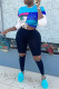 Blue Fashion Casual Print Ripped Draw String O Neck Short Sleeve Two Pieces
