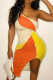 Orange Fashion Sexy Patchwork Backless One Shoulder Sleeveless Dress