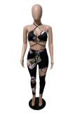 Black Fashion Sexy Print Backless Strap Design Halter Sleeveless Two Pieces