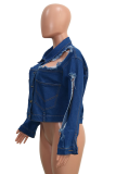 Blue Casual Solid Split Joint Turndown Collar Regular Denim Jacket