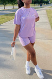 Purple Fashion Casual Print Basic O Neck Short Sleeve Two Pieces