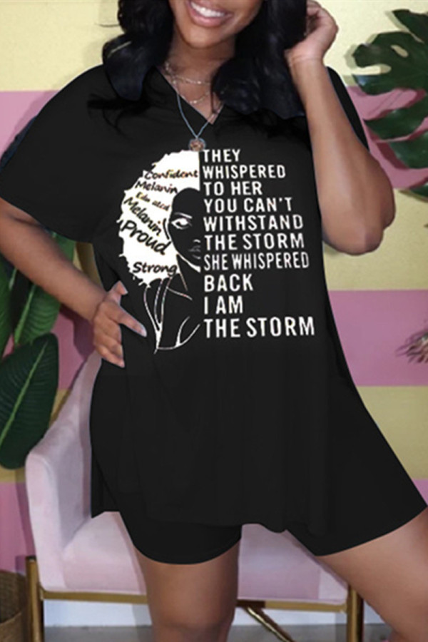 Black Fashion Casual Print Slit V Neck Short Sleeve Two Pieces