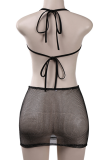 Black Sexy Solid See-through Mesh Halter Sleeveless Two Pieces