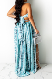Blue Sexy Print Hollowed Out Halter Cake Skirt Dresses
