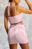 Pink Sexy Solid Hollowed Out Patchwork Frenulum Asymmetrical Collar Sleeveless Two Pieces