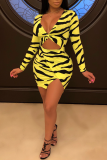 Yellow Sexy Print Patchwork V Neck Pencil Skirt Dresses