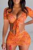 Pink Sexy Print Patchwork V Neck Short Sleeve Two Pieces