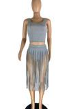 Blue Sexy Solid Tassel Patchwork U Neck Sleeveless Two Pieces