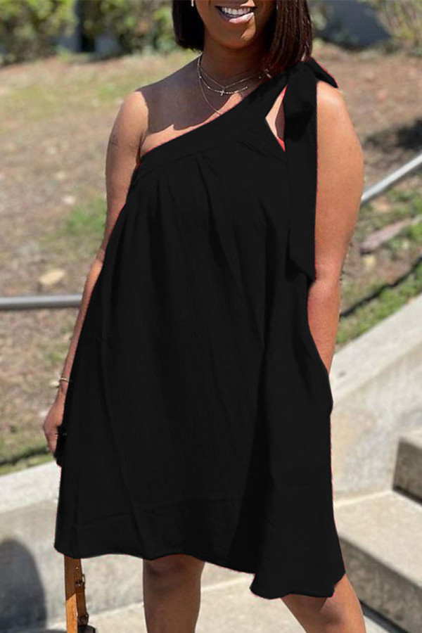 Black Sexy Solid Bandage Patchwork Oblique Collar Irregular Dress Dresses