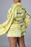 Yellow Casual Print Patchwork V Neck Loose Rompers