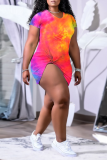 Pink Casual Patchwork Tie-dye V Neck Straight Dresses